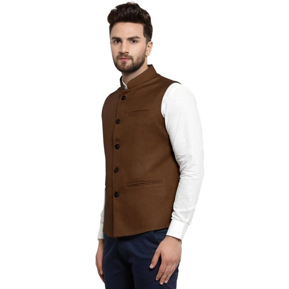 Sleeveless Traditional Jute Fabric Caramel Brown Nehru Jacket by Treemoda - Picture 2 of 5